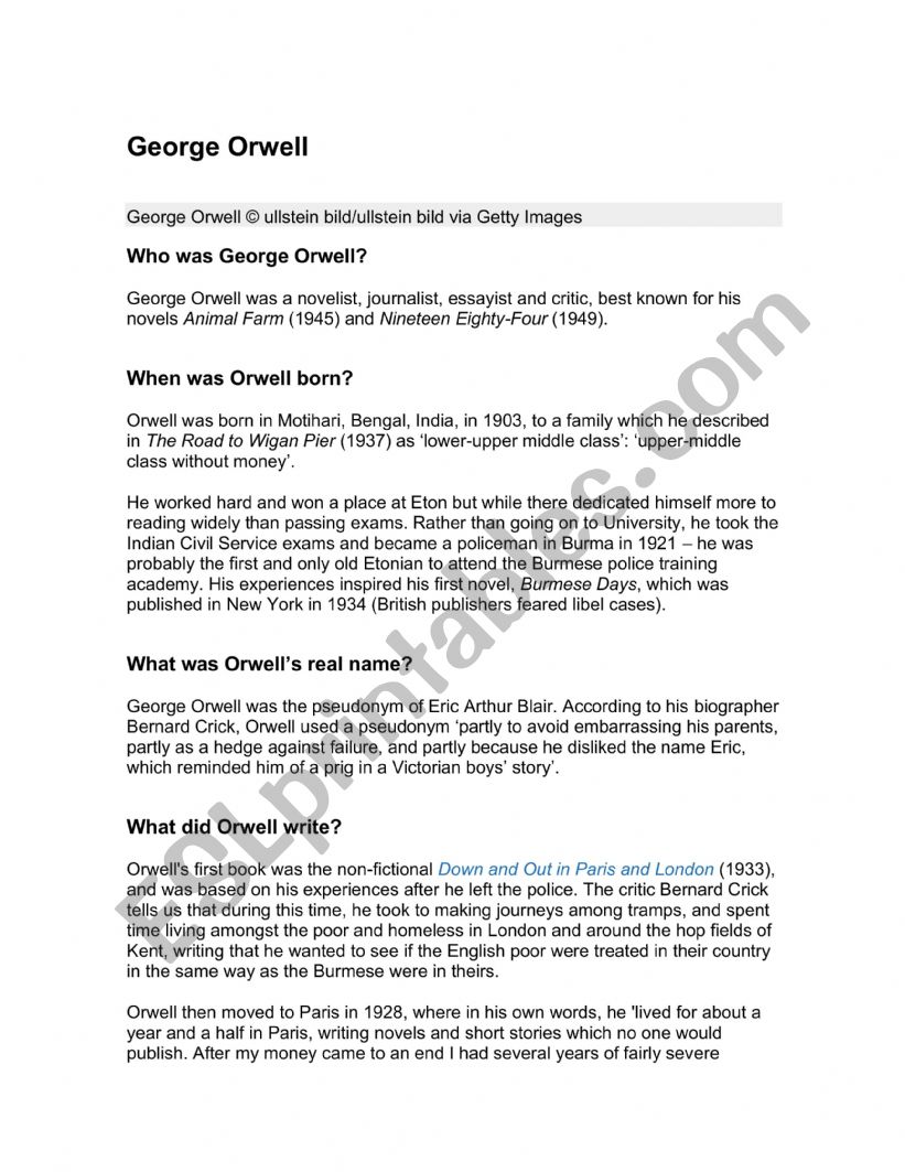 george orwell worksheet