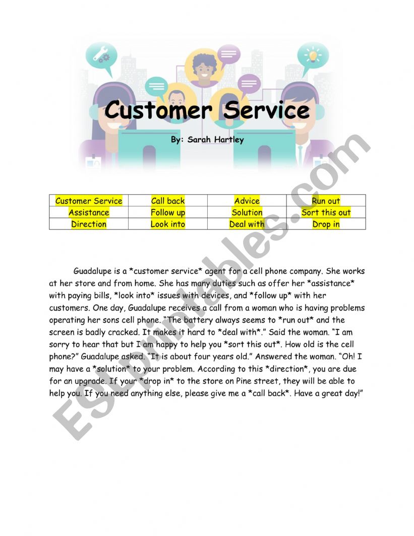 Customer service vocabulary worksheet