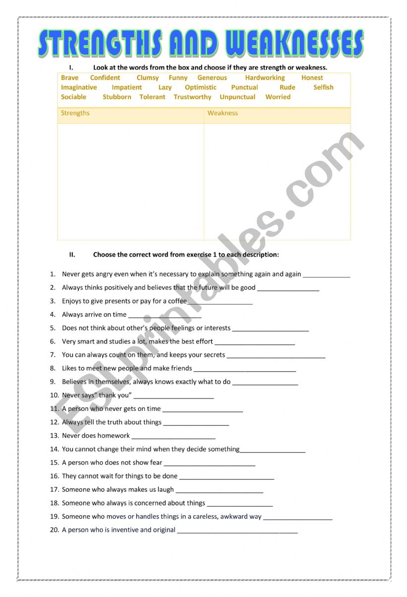 Strenghts and weaknesses worksheet