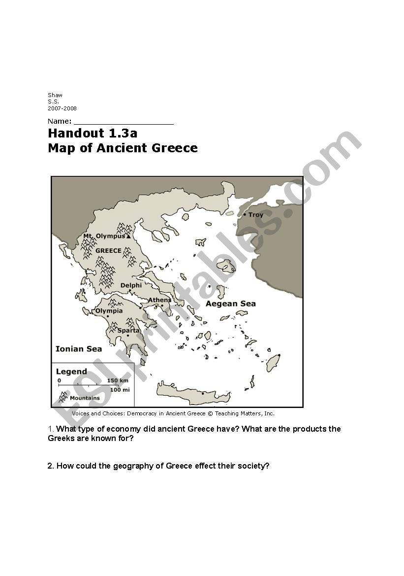 English worksheets: Ancient Greece Geography For Ancient Greece Map Worksheet