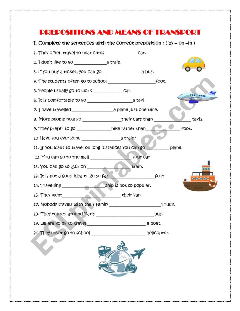 prepositions of transport worksheet