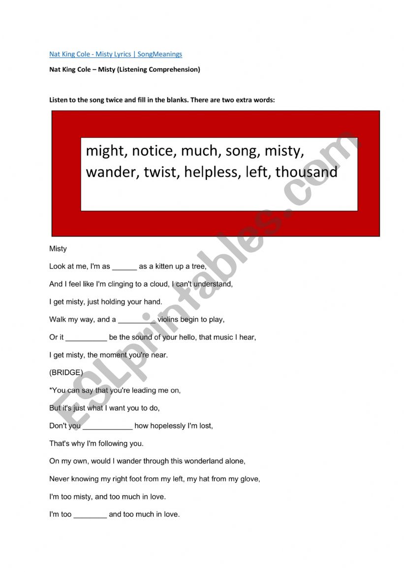 Misty - Nat King Cole worksheet