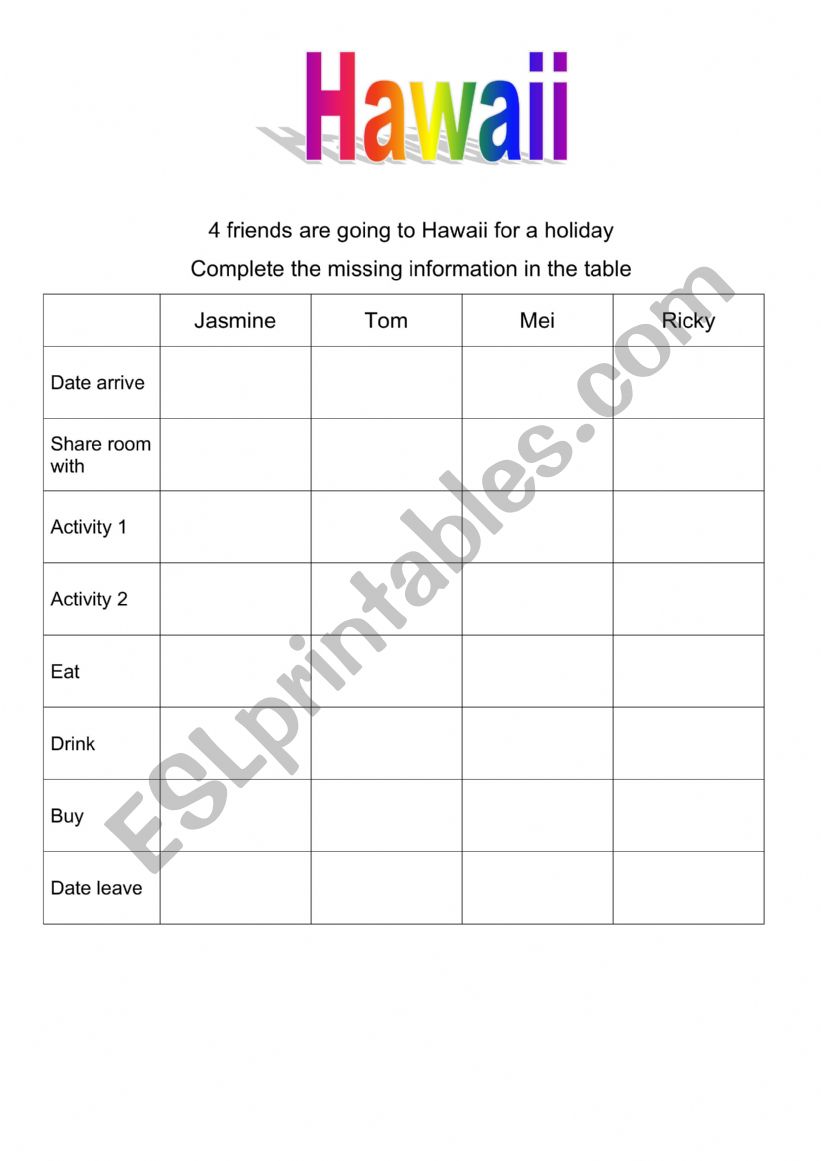 Hawaiian holiday gap fill worksheet