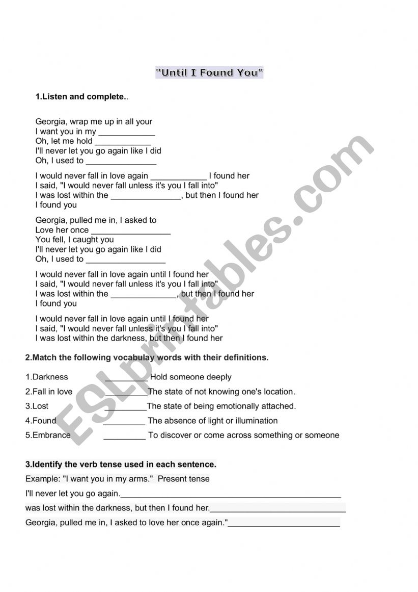 UNTIL I FOUND YOU worksheet