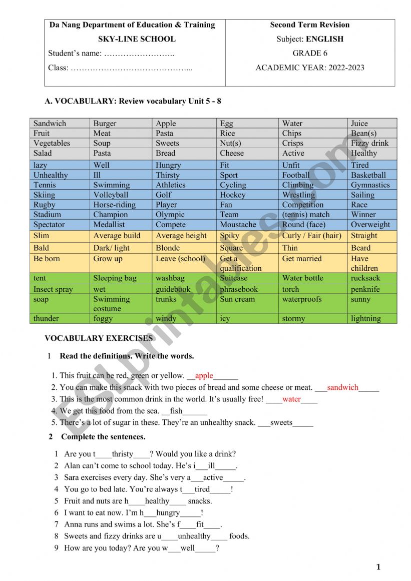 Big question 5 worksheet