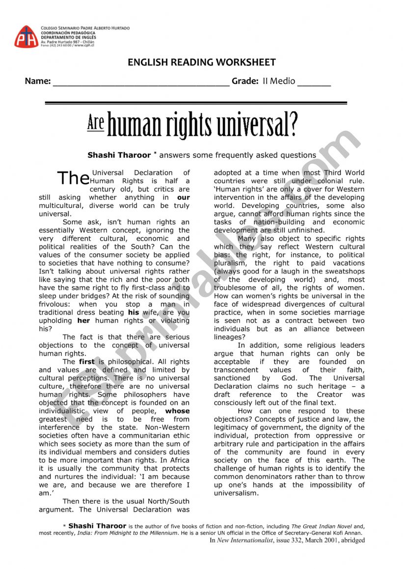 Human Rights worksheet