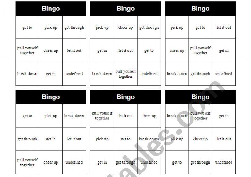 Bingo phrasal verbs worksheet
