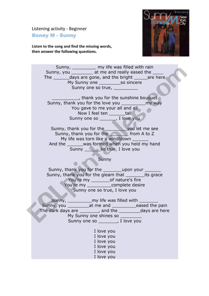 Boney M - Sunny ( Listenning and comprehension activity for beginner-int)