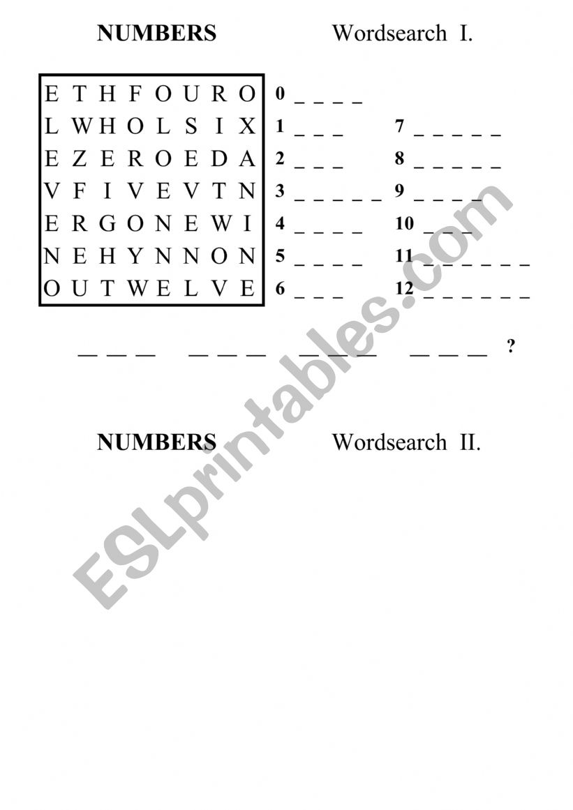 wordsearch numbers worksheet