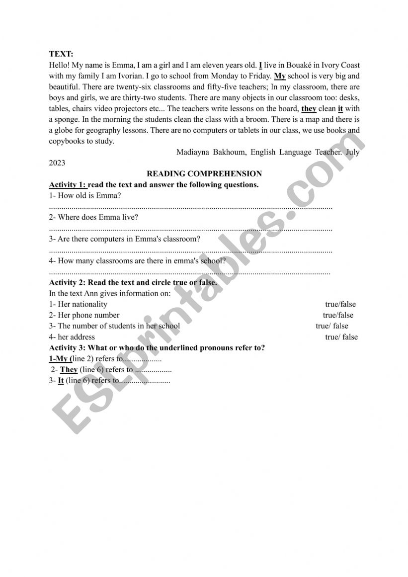 Emma�s school and classroom worksheet