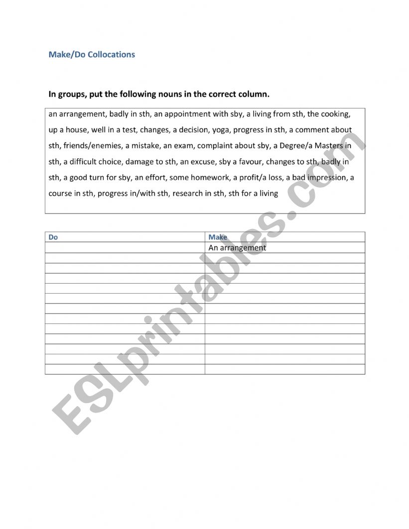 Make/do collocations worksheet