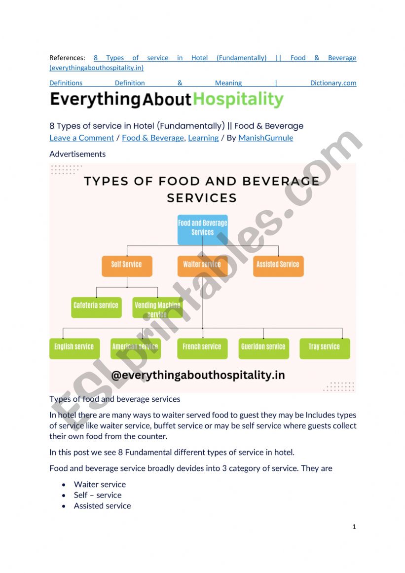 TYPES OF FOOD AND BEVERAGE SERVICES