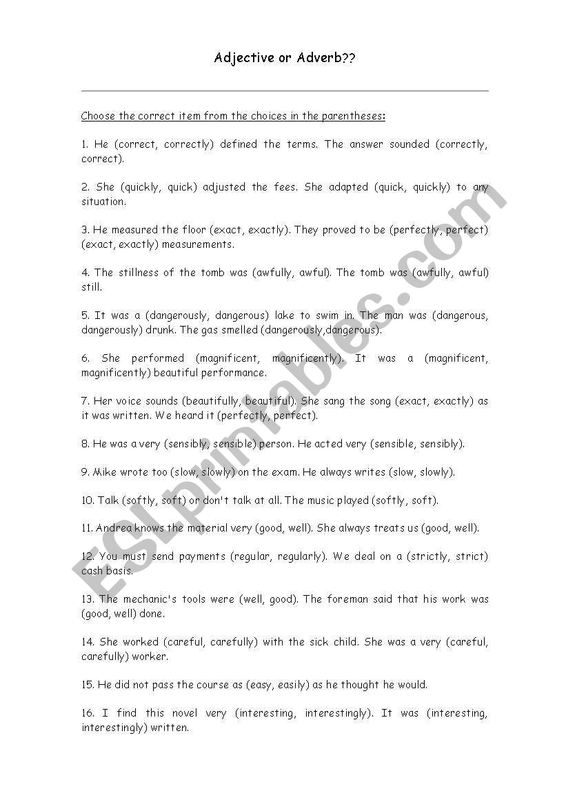 Adjectives or adverbs worksheet