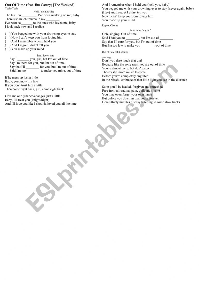 Song: Out of time worksheet