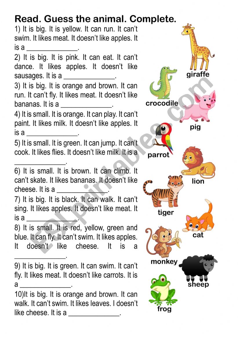 Read and guess the animal worksheet
