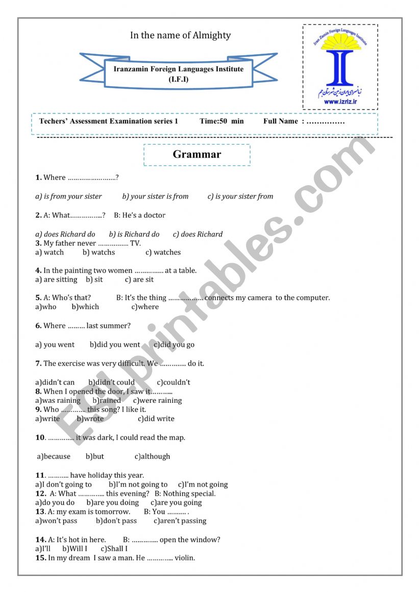  teacher assessment test  worksheet