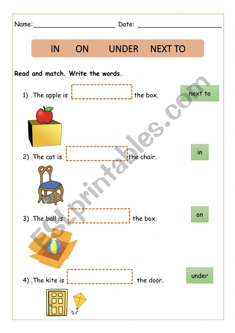 on, in, under, next to worksheet - ESL worksheet by Hebeb