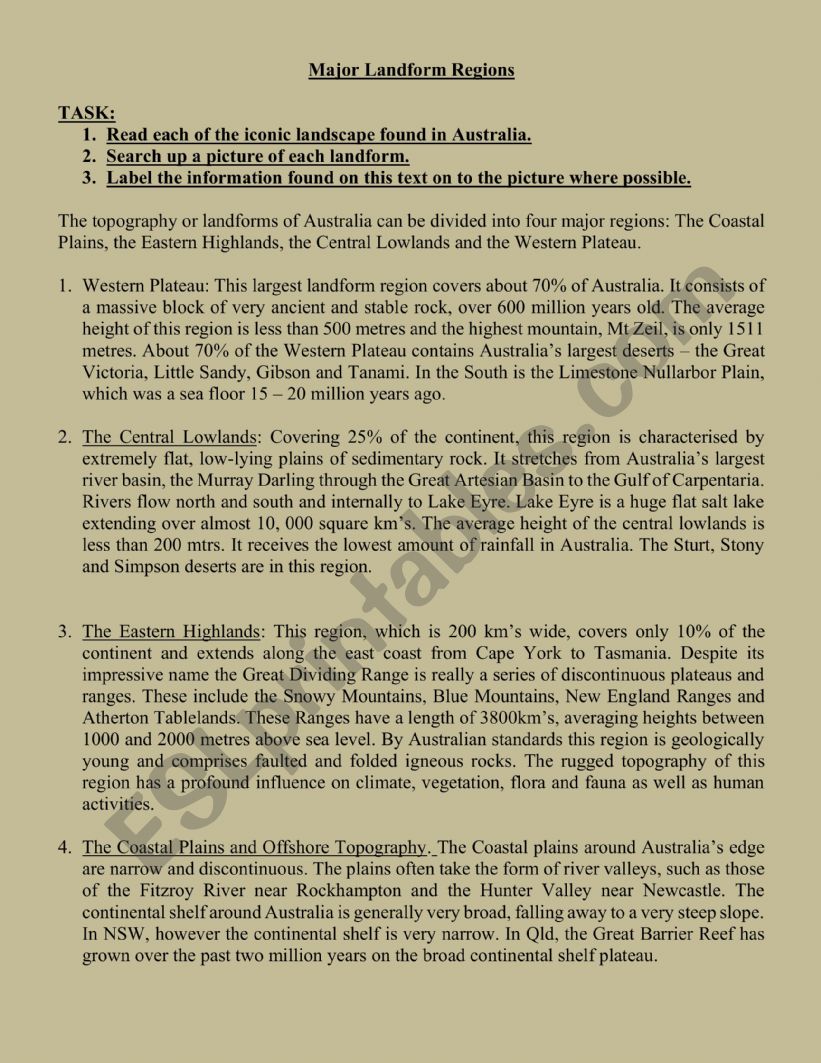 Landforms in Australia worksheet