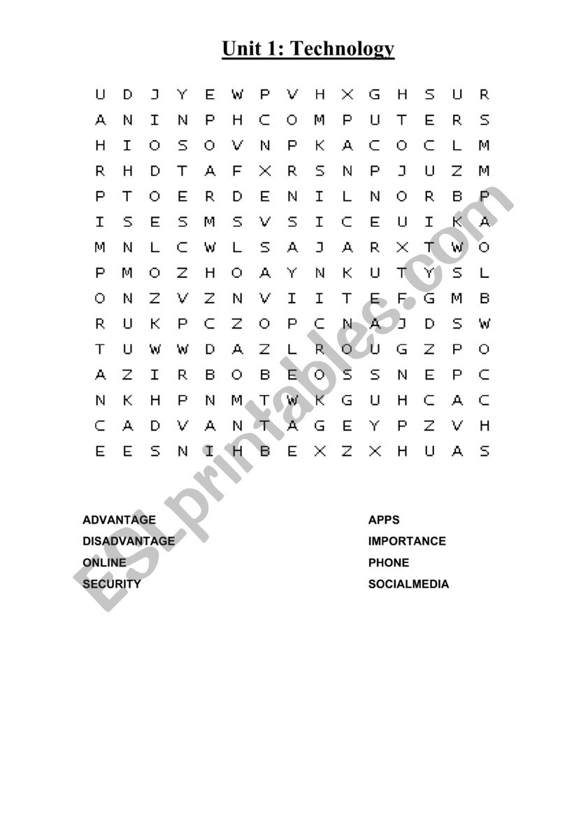 Technology wordsearch new vocabulary
