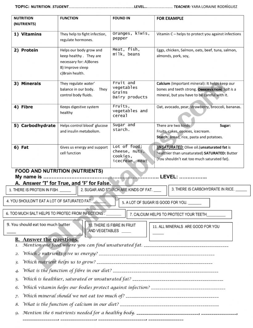 NUTRIENTS CLASSWORK  worksheet