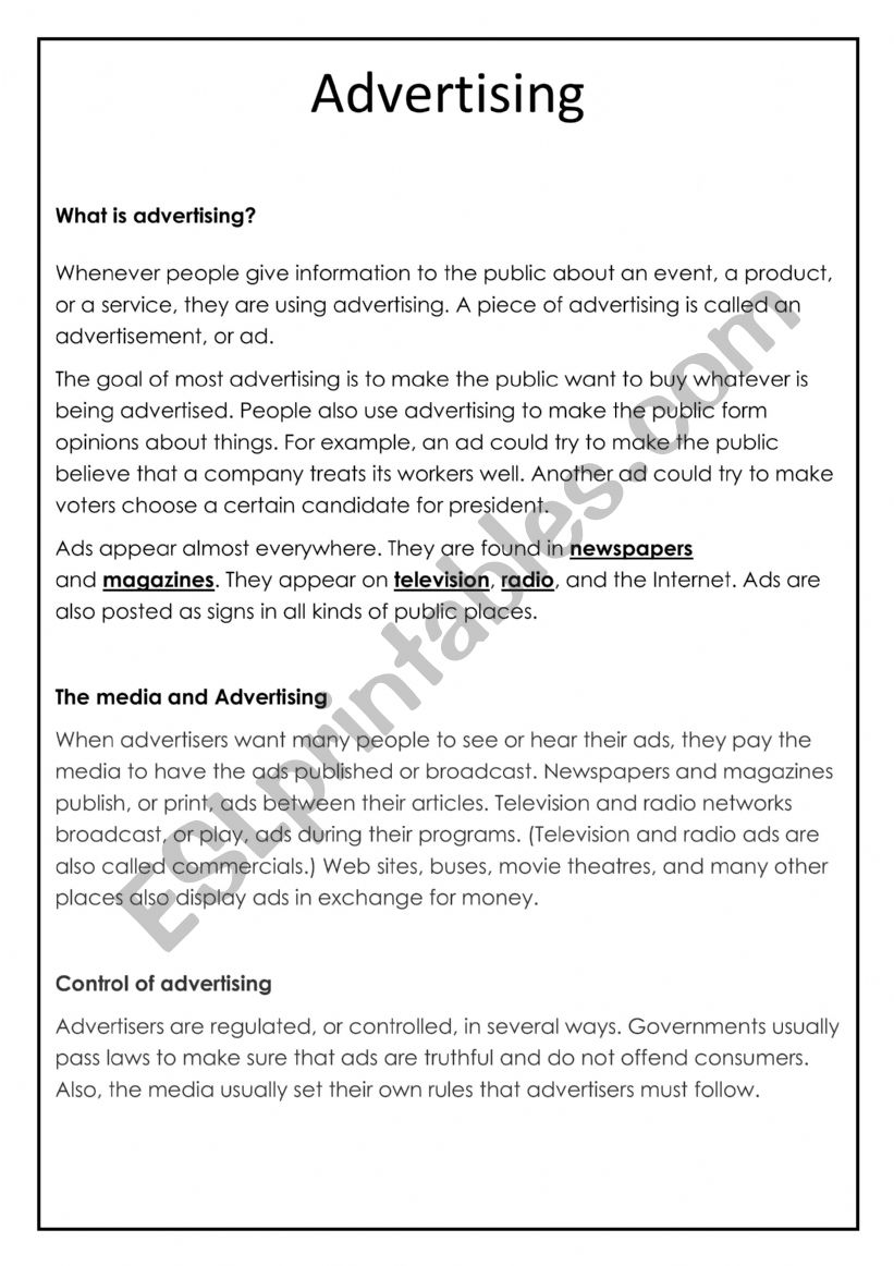 advertising notes - Grade 4 worksheet