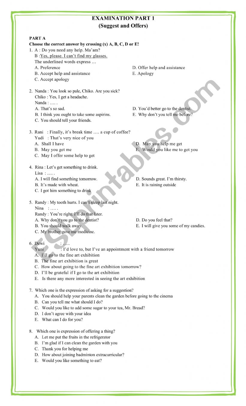 Examination worksheet