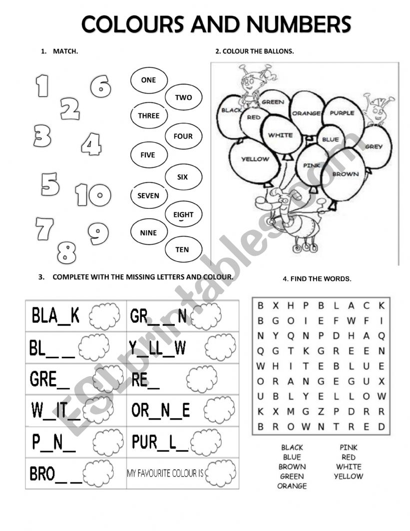 COLOURS AND NUMBERS 1-10 worksheet