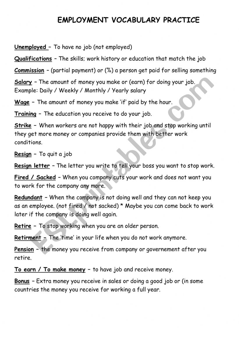 Employment Vocabulary worksheet