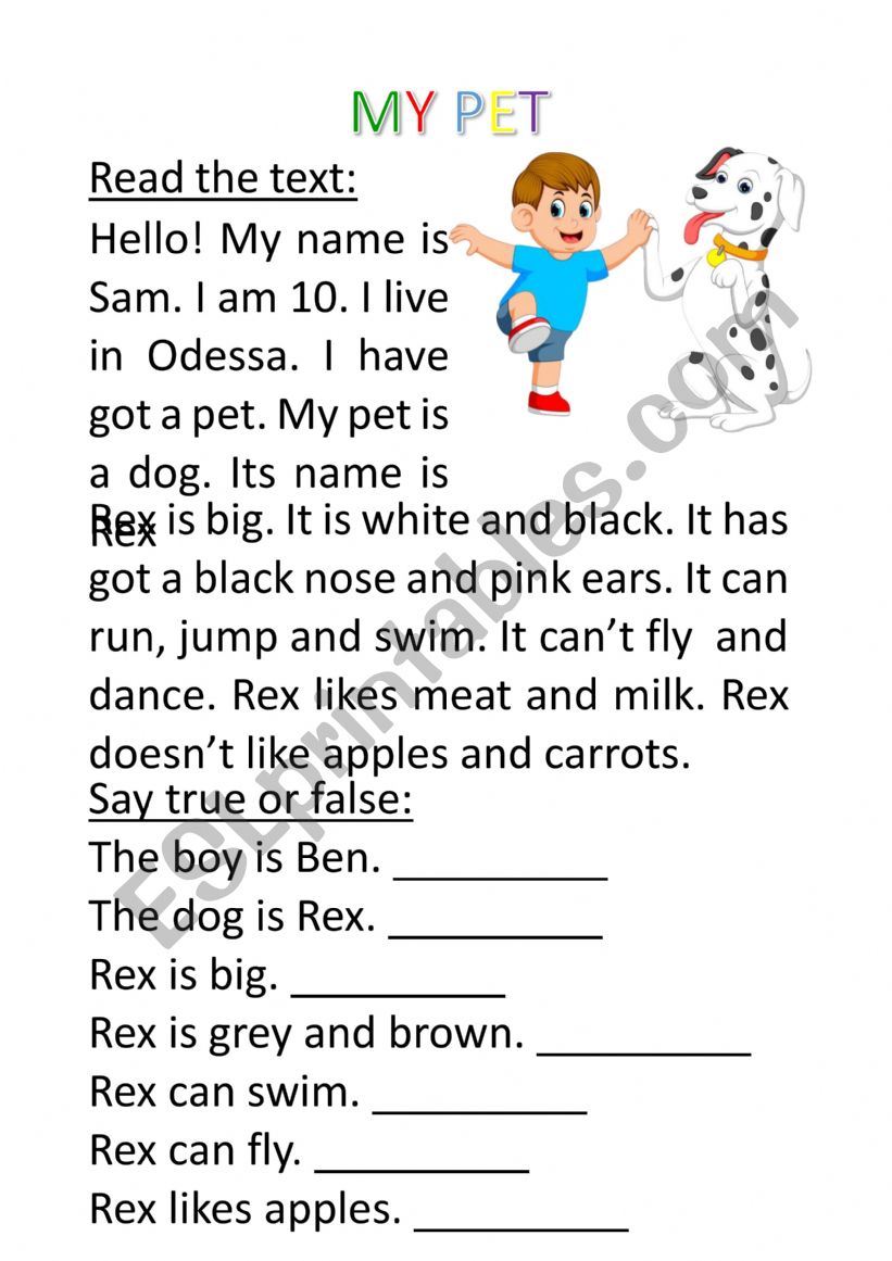 My pet is a dog - reading worksheet