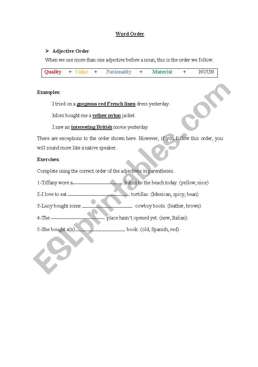 Adjective order worksheet