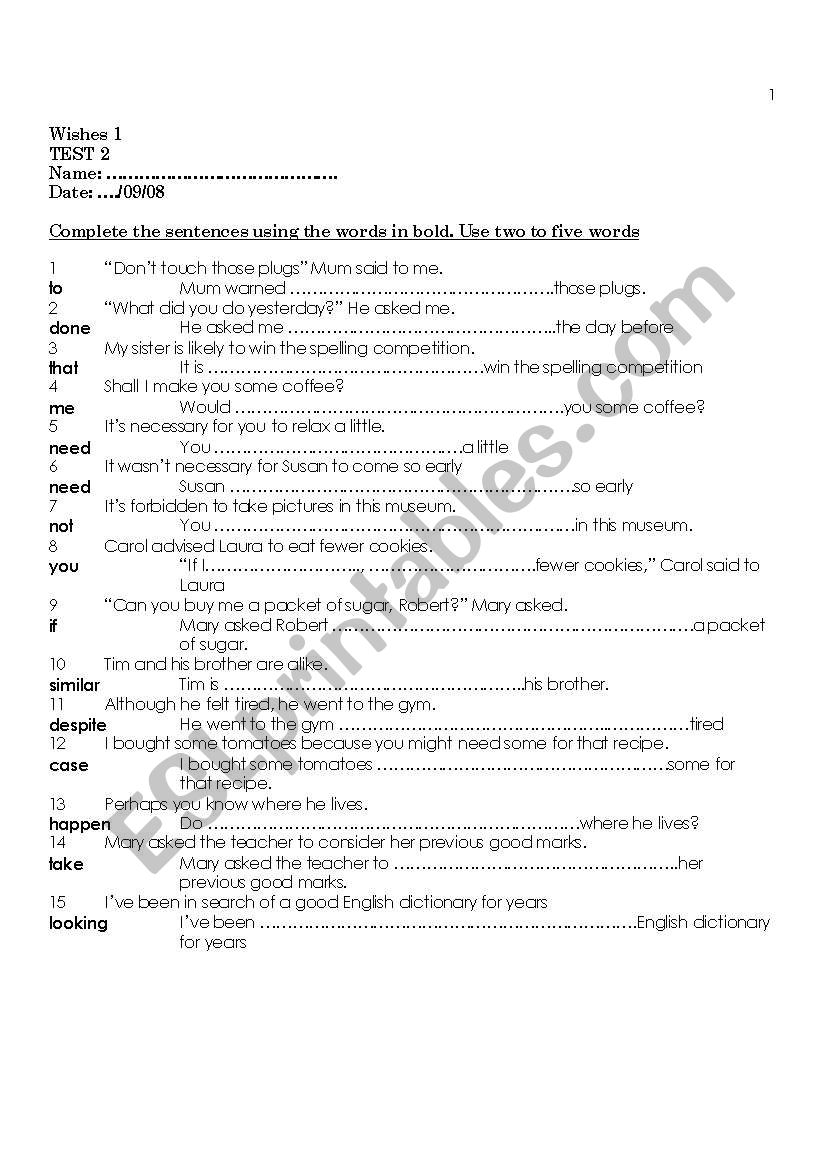 Wishes 1 - Test 2 FCE 2008  worksheet