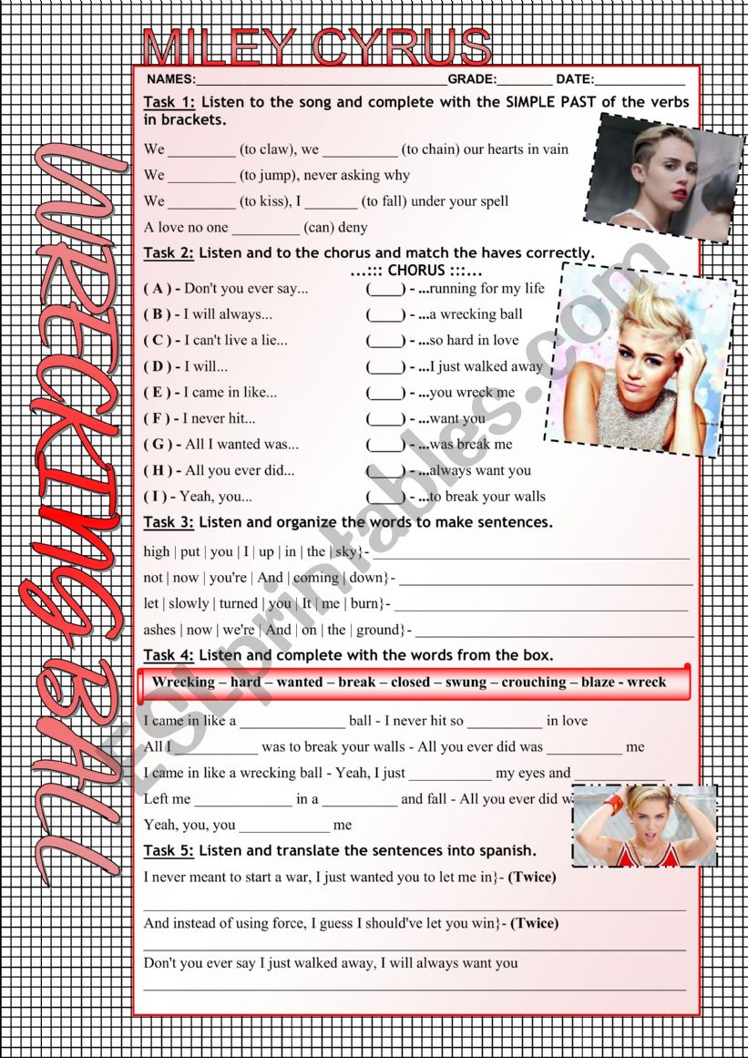 Wrecking ball worksheet