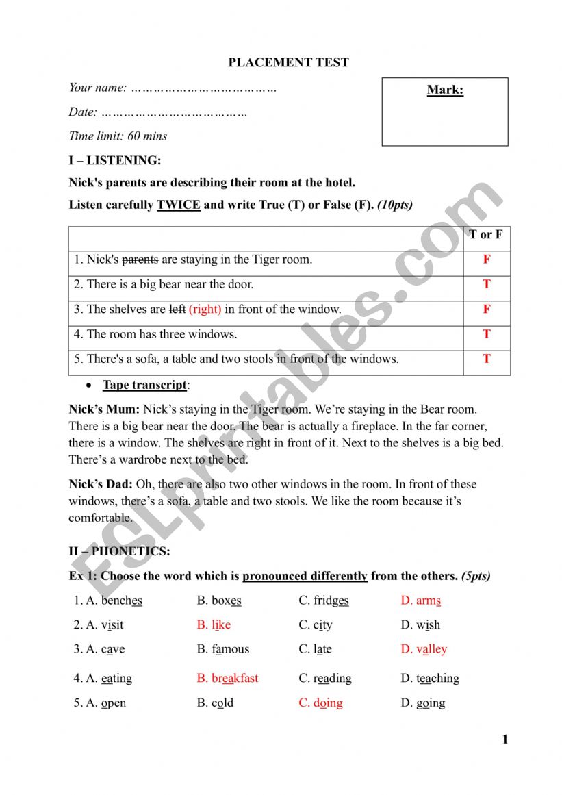 Placement test worksheet