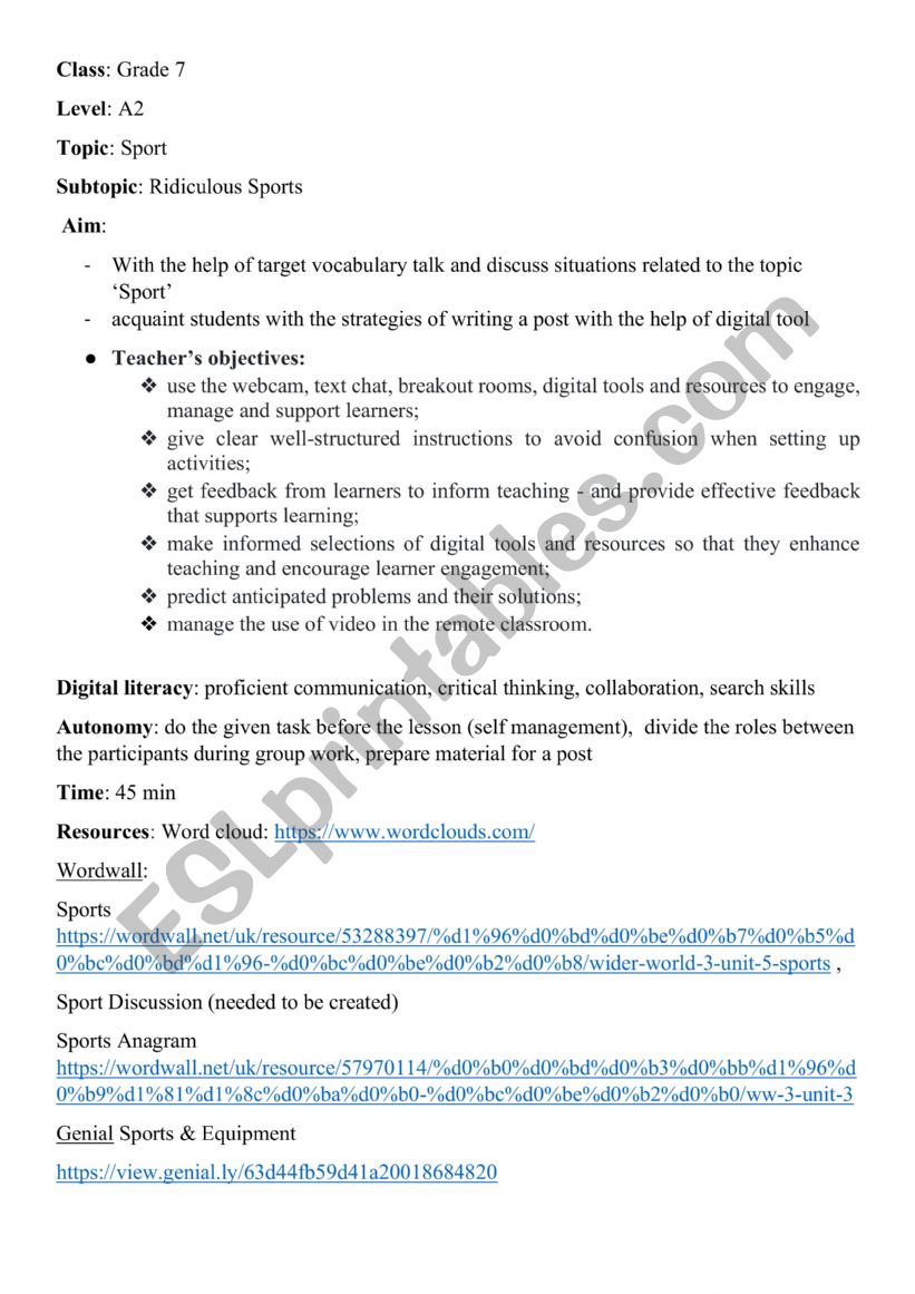 Ridiculous Sports Lesson plan worksheet