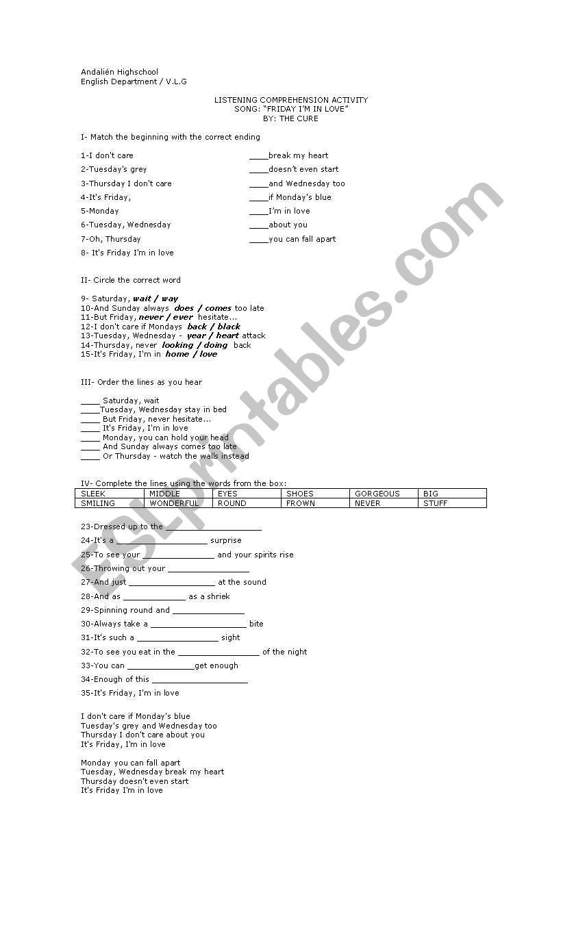 Song: Friday Im in love worksheet