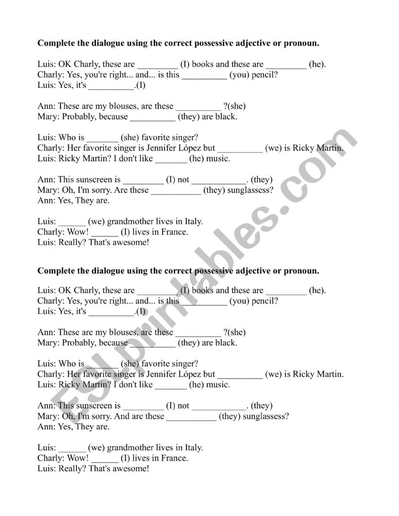 English worksheets: possessives