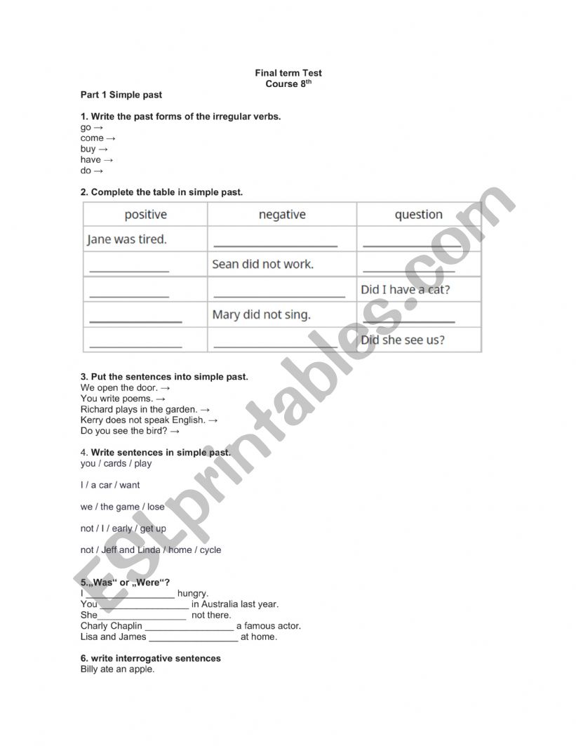 pAST SIMPLE AND CONTINUOIUS TEST