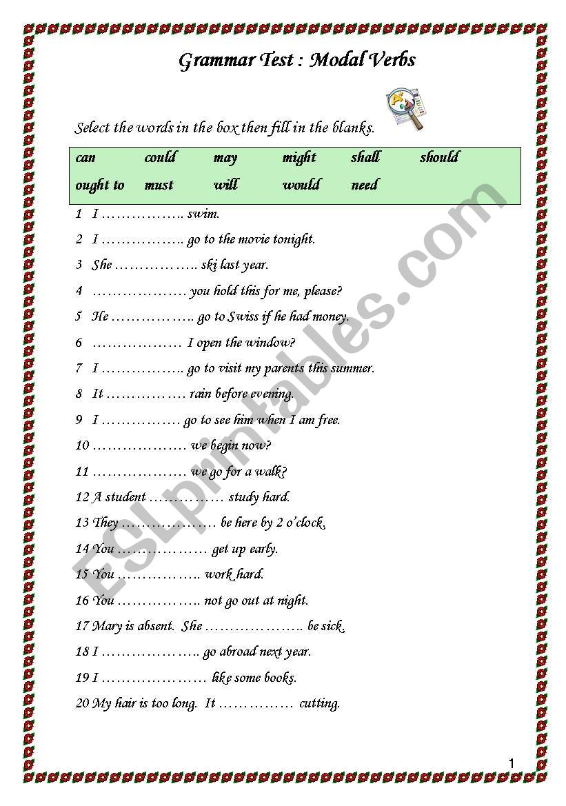 Grammar Test 1: Modal Verbs worksheet