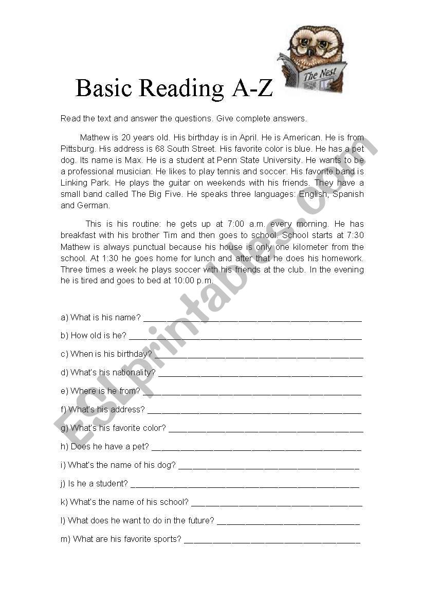 Basic Reading A-Z worksheet