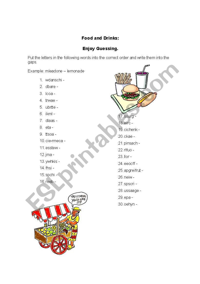 food and drinks  worksheet