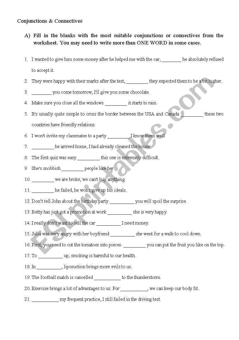 Connector And Conjunction Worksheet