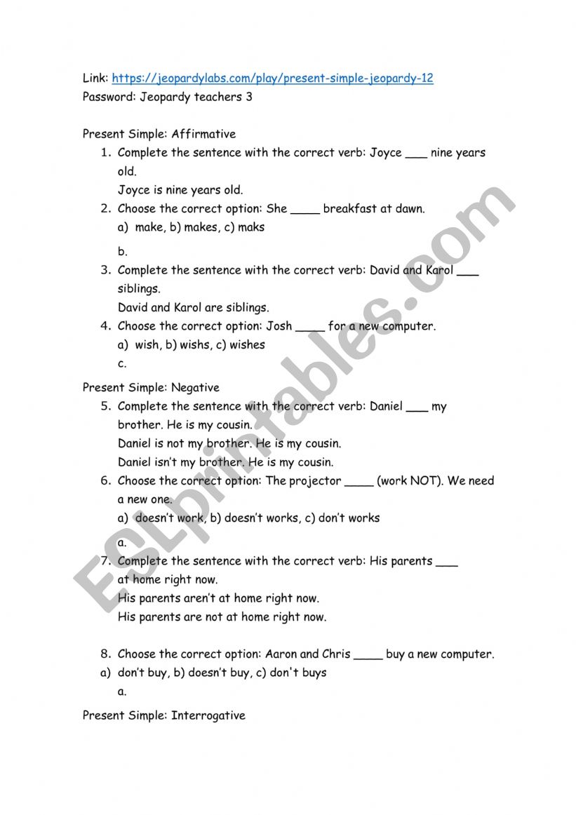 Presen Simple Jeopardy worksheet