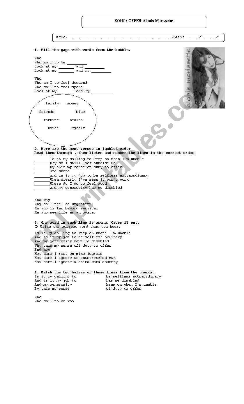 Offer: Alanis Morissette worksheet