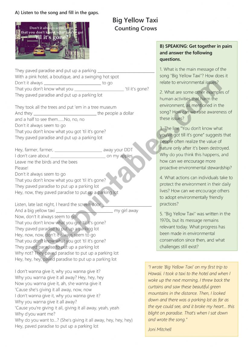 big yellow taxi song worksheet