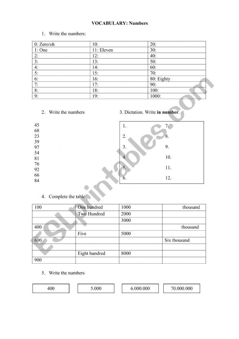 Numbers in English 1-1000 worksheet