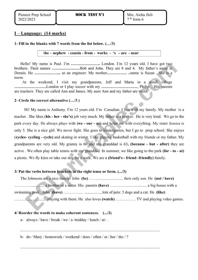 Test 7th grade  worksheet