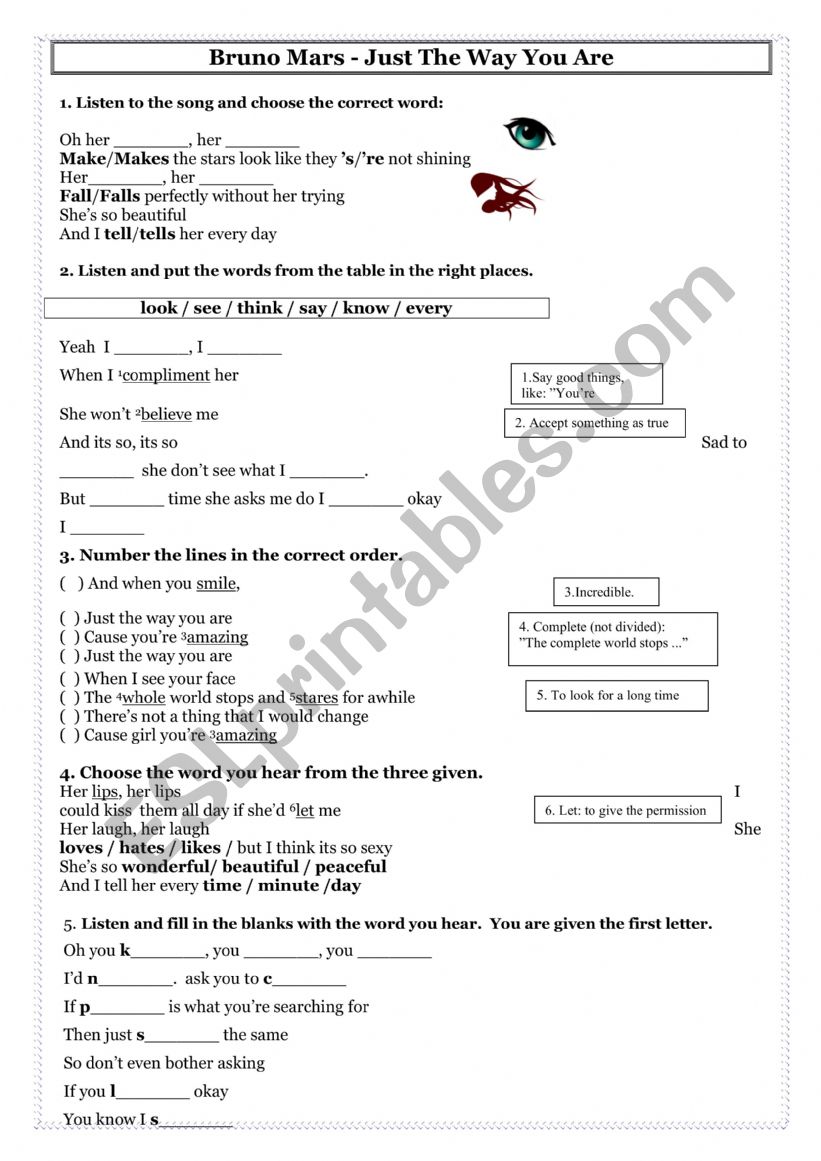 Just the way you are worksheet