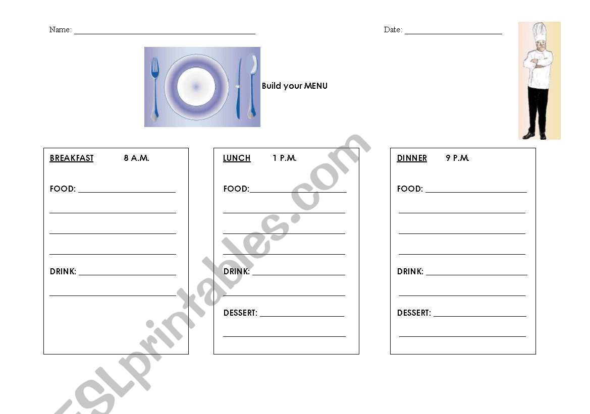 Build your menu worksheet