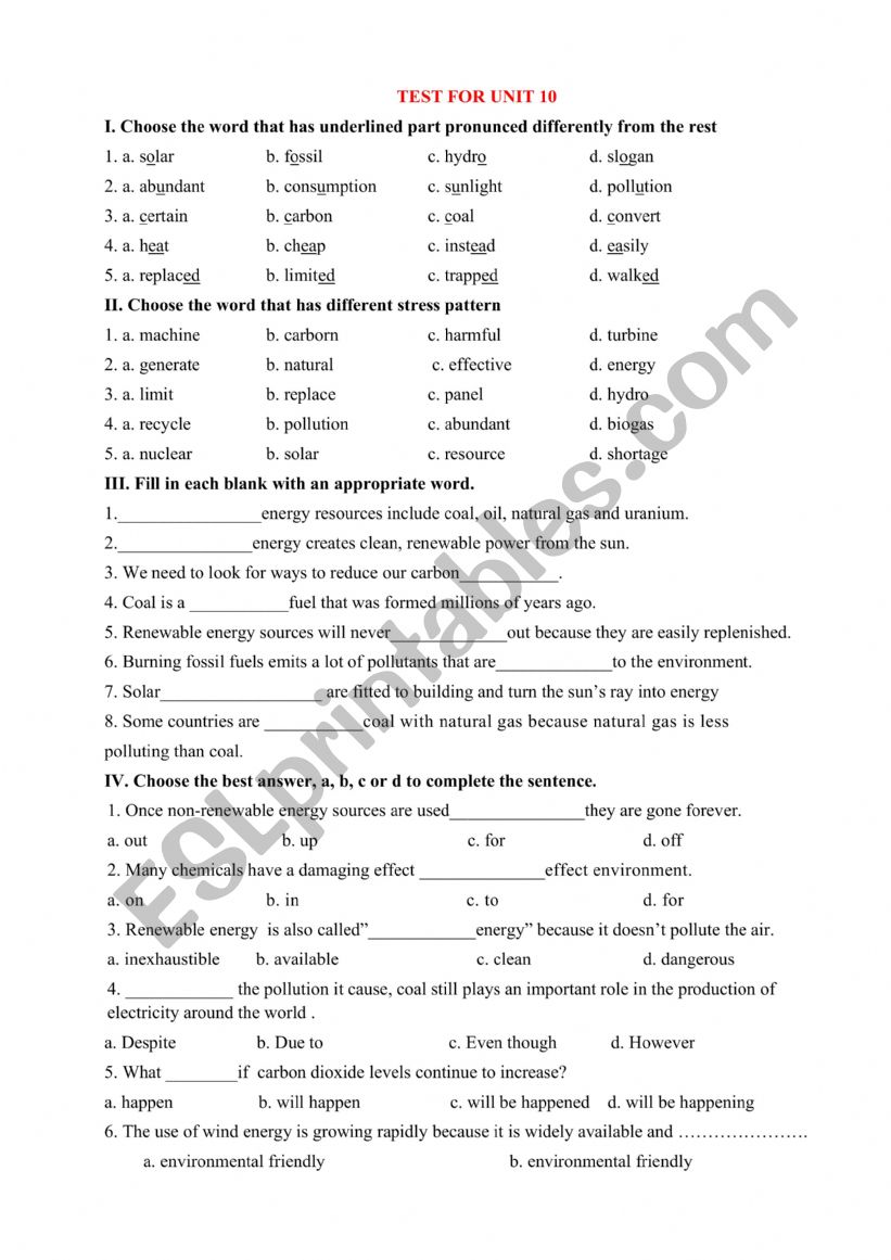 Vocabulary test worksheet