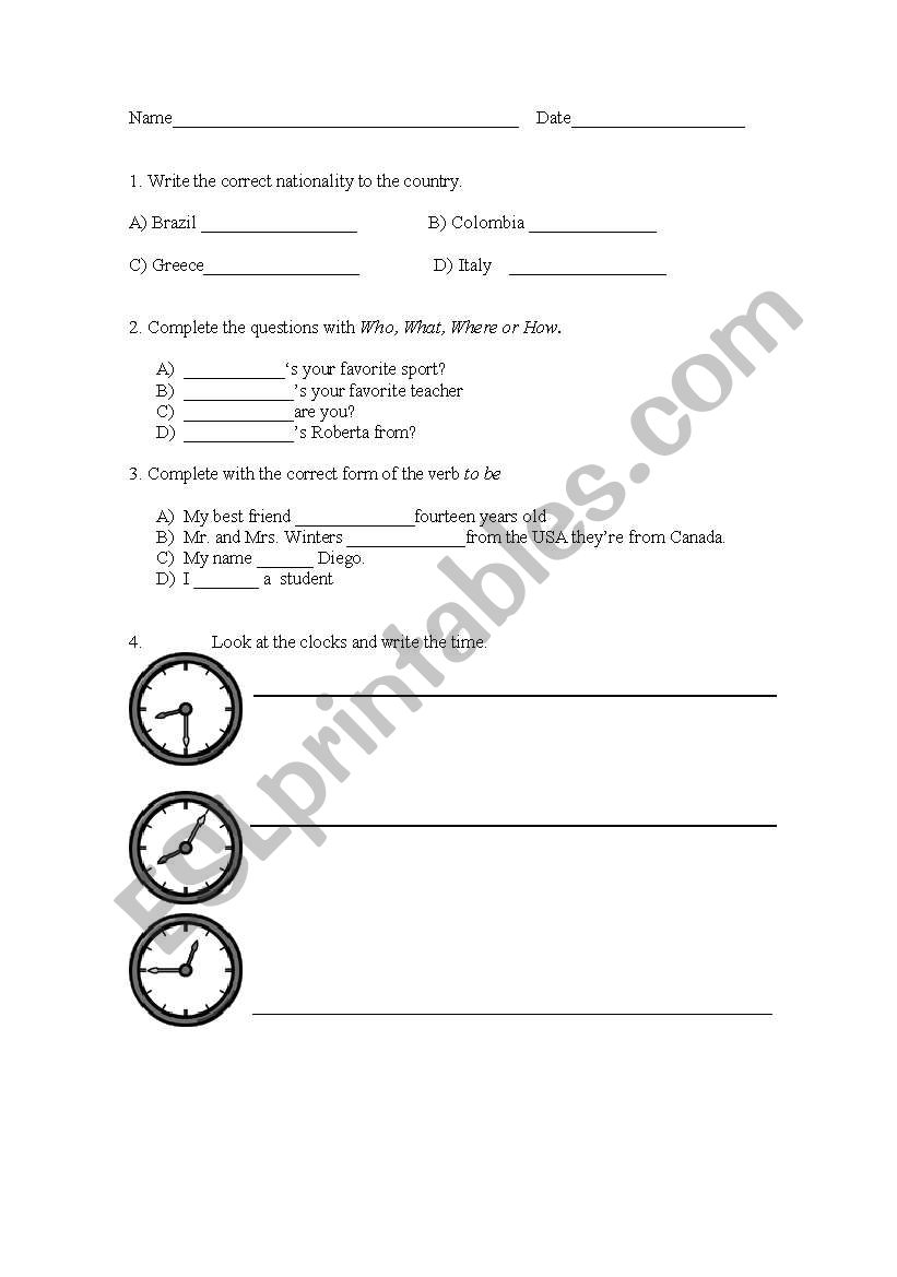 time, nationalities and the form of verb to be quiz